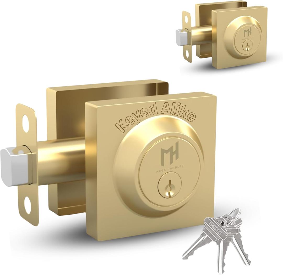 Mega Handles - ROBELL Deadbolt 2 Pack I Entry Lock - Heavy Duty Square Locking for Left or Right-Handed Doors - Interior/Exterior - Satin Brass - Pack of 2 - Keyed Alike