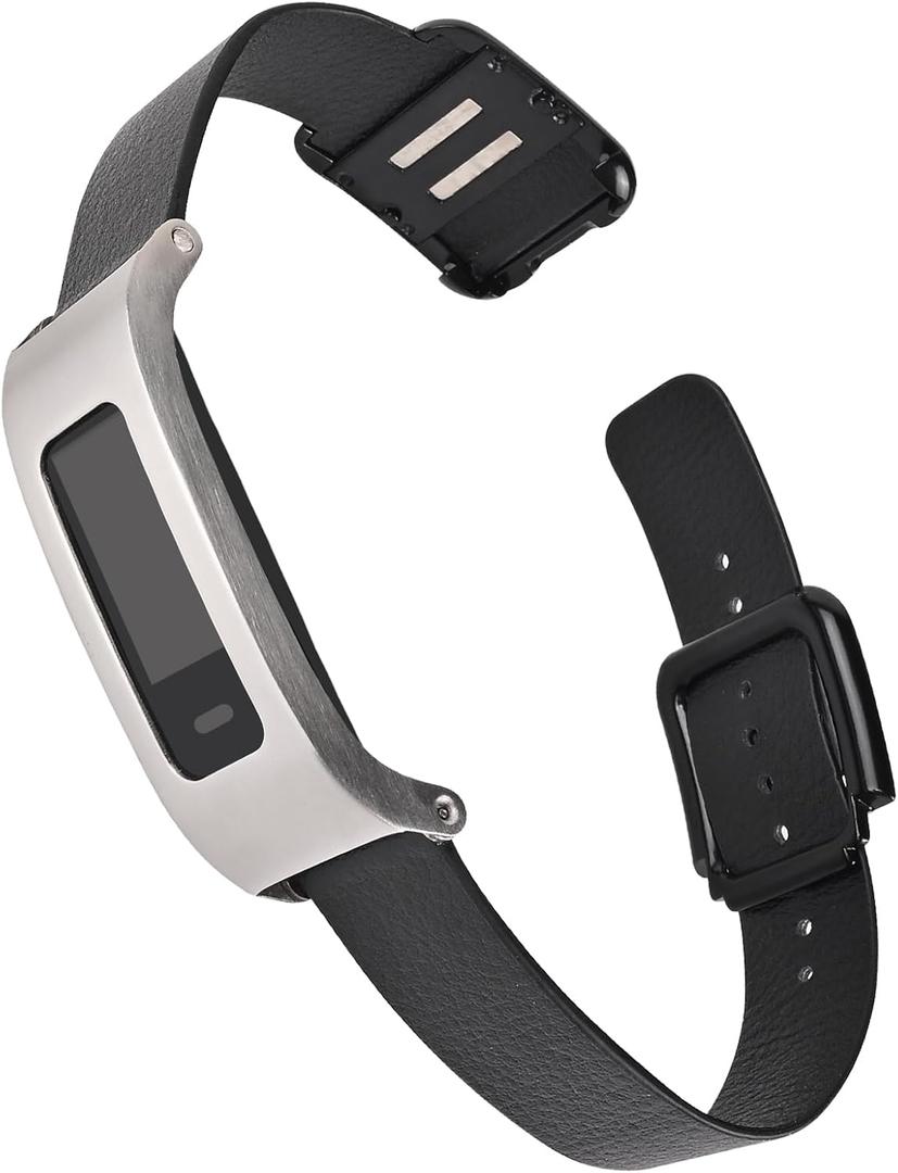 Leather Strap Compatible with vivofit 4 Activity Tracker Bands Replacement Watchband with Metal Case for women (Dark Black)