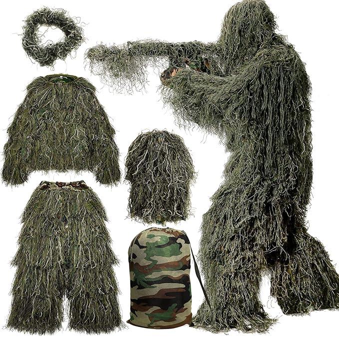 MOPHOTO 5 in 1 Ghillie Suit 3D Camouflage Hunting Suits - Jacket, Pants, Hood, Carry Bag