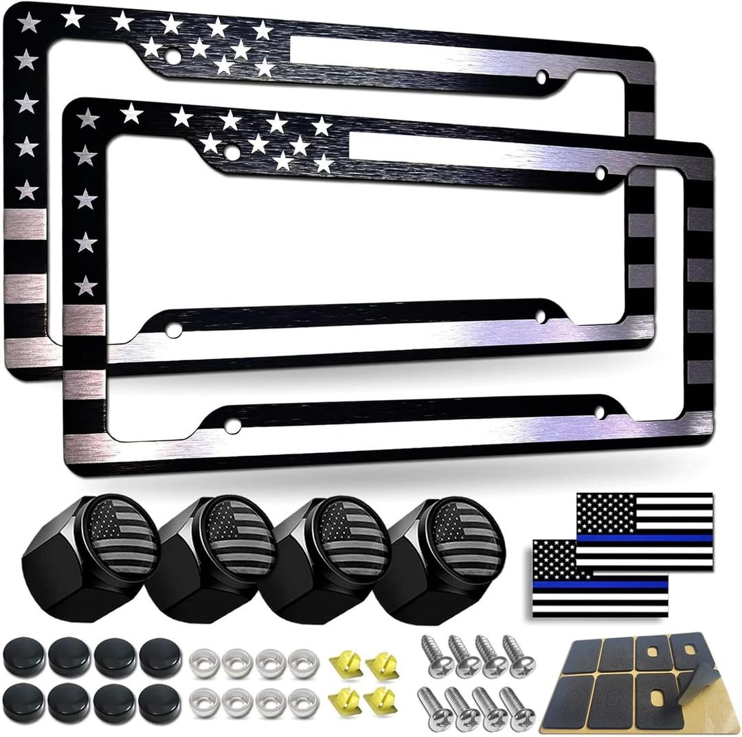BGGTMO Black American Flag License Plate Frames- 2 Pack Front Rear Patriotic USA Stars and Stripes Aluminum Car Tag Holder with Screws