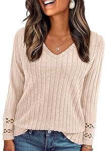 PRETTYGARDEN Women's Long Sleeve Shirts Ribbed Knit V Neck Tee Dressy Casual Blouses Going Out Tunic Tops 2025 Fall Outfits (Apricot, Large)