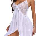 DIKFA Lingerie for Women Lace Babydoll Sleepwear V Neck Open Front Chemises Sexy Spaghetti Strap Nightgown, White, Medium
