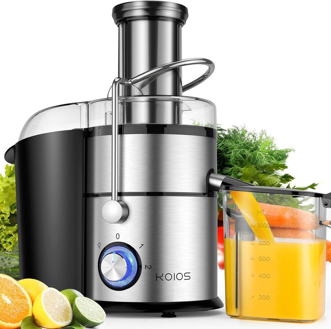 1300W KOIOS Centrifugal Juicer Machines, Juice Extractor with Extra Large 3inch Feed Chute, Full Copper Motor, Titanium-Plated Filter, High Juice Yield, 3 Speeds Mode,Easy to Clean with Brush,Non-BPA (Silver)