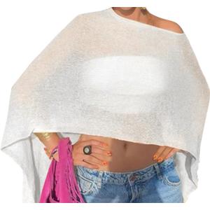 Off The Shoulder Sheer Crochet Vacation Outfits Poncho Sweater Top Summer Beach Cover Up (Beige, XXL)