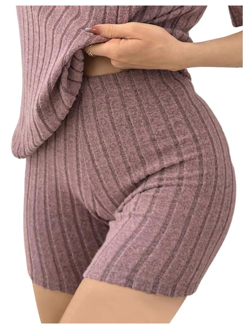 SOLY HUX Women's Pajama Bottom Ribbed Knit Casual Skinny Lounge Shorts Sleepwear Dusty Pink X-Large