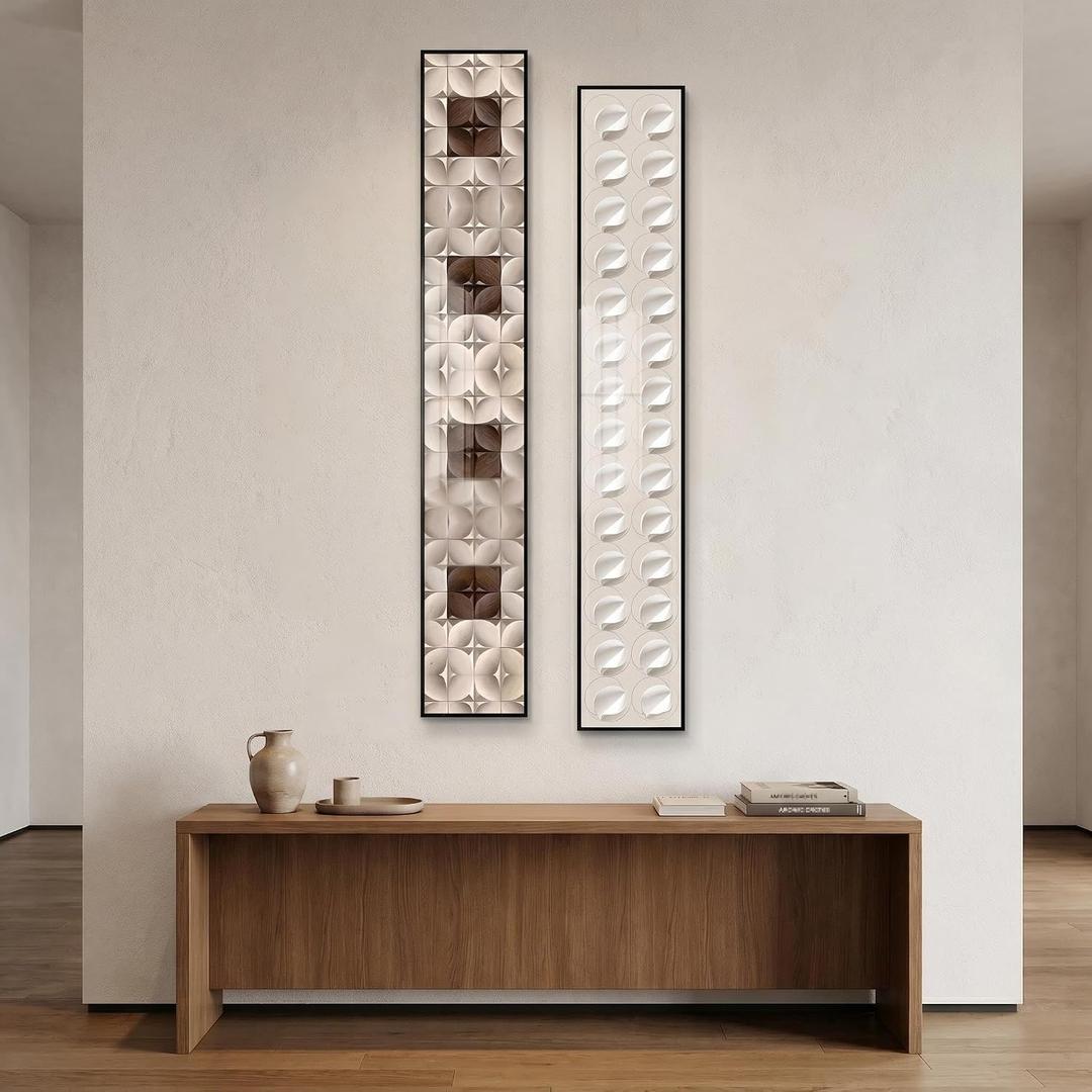 QKF 2Pcs Narrow Neutral Geometric Wood Art, Alu Frame Gloss Hallway, 6" × 48"