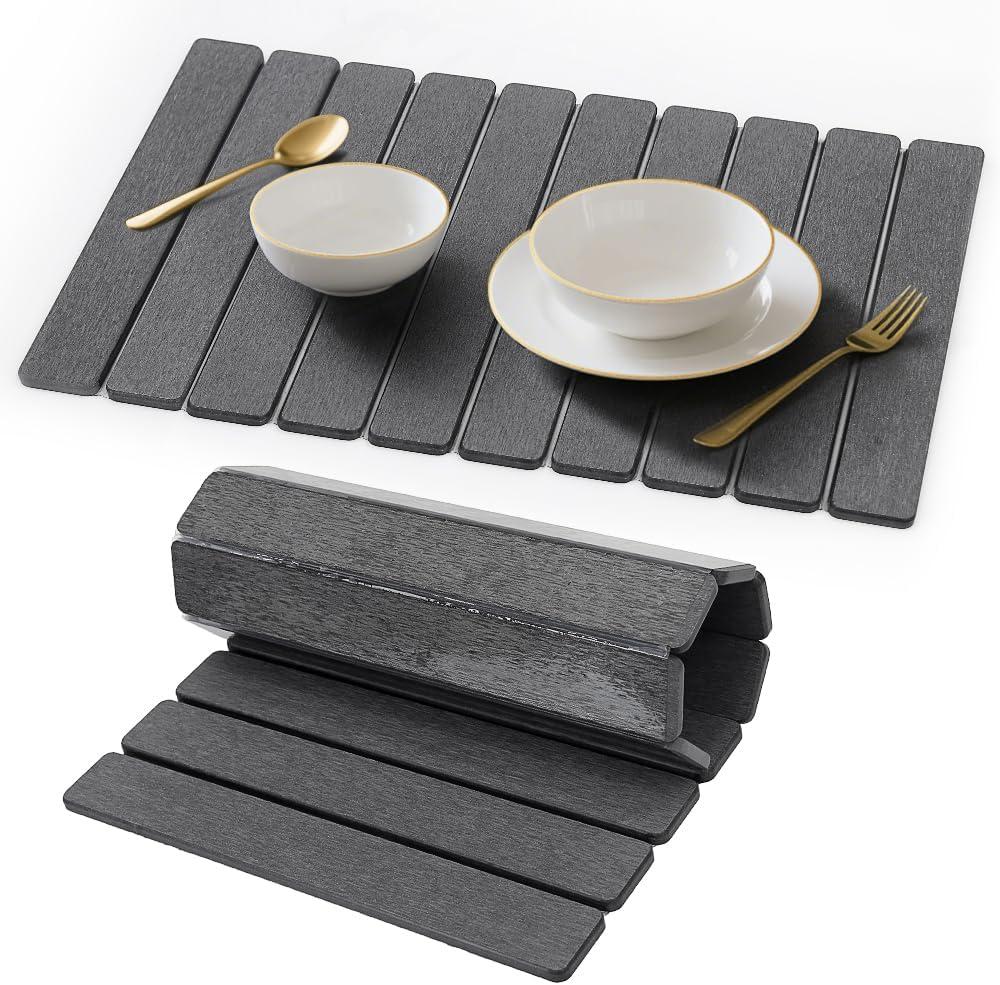 Stone Dish Drying Mat for Kitchen Counter - 24" x 16" Ultra Absorbent Diatomaceous Earth Mat, Fast Drying & Foldable Countertop Protector, Non-Slip Eco-Friendly Stone Mat for Dishes (Dark Gray)