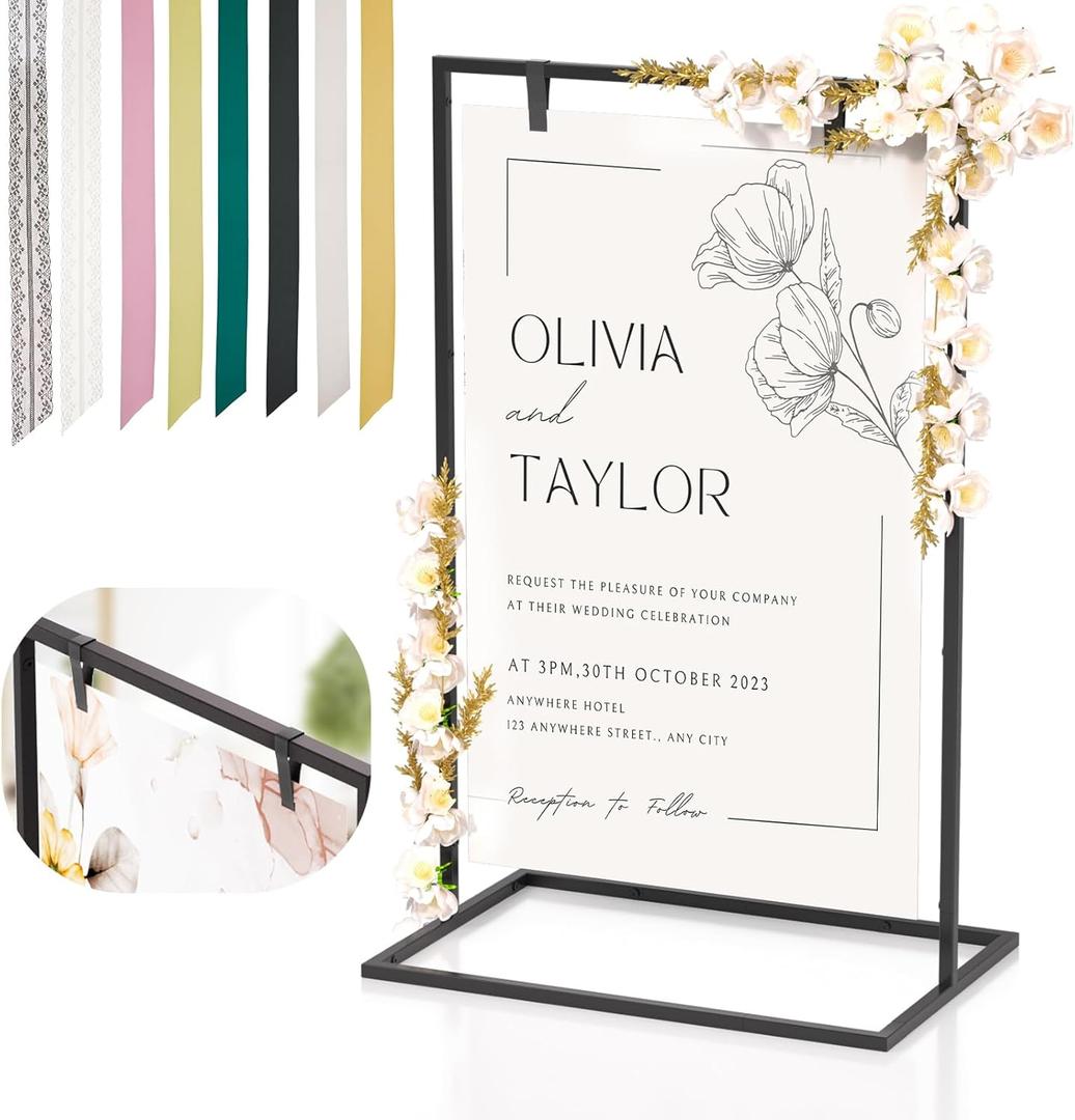 Wedding Welcome Sign Stand, 50x30x 20 Heavy Duty Easel Stand for Sign with 8 Pair Satin Ribbon & 2 Leather Strap, Welcome to Our Wedding Sign Holder, Metal Floor Standing Easels for Signs, Poster (Black)