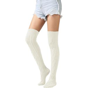 Bestjybt Women's Cable Knit Thigh High Socks Over the Knee Boot Socks Long Thick Winter Sweater Stockings Leg Warmers (White)