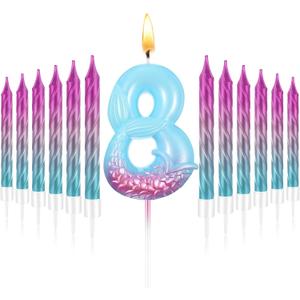 MTLEE Number 8 Mermaid Birthday Candle for Cake with 12 Purple Blue and Pink Spiral Rainbow Candles for Girls, Birthday Anniversary Cake Topper Mermaid Theme Party Decors Supplies MTLEE Number 8 Mermaid Birthday Candle for Cake with 12 Purple Blue and Pink Spiral Rainbow Candles for Girls, Birthday Anniversary Cake Topper Mermaid Theme Party Decors Supplies