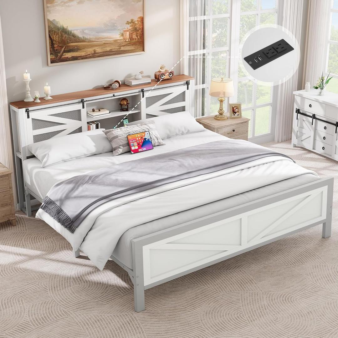 YITAHOME ​Farmhouse Queen Size Bed Frame with Headboard, Bookcase Storage Shelves, Sliding Grid Barn Door, Charging Station, Rustic Wood Platform Bed, No Box Spring Needed, White