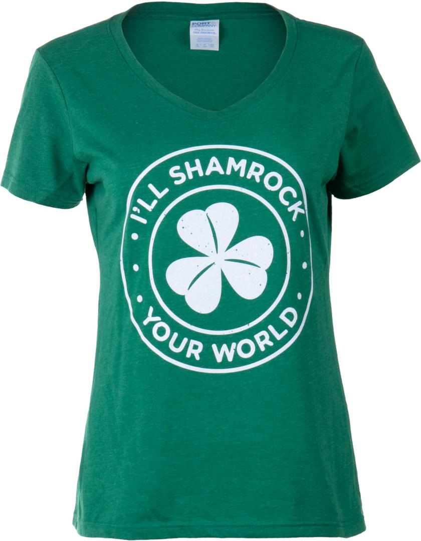 I'll Shamrock Your World | Funny St Pat's Paddy Patrick V-Neck T-Shirt for Women-(Vneck,3XL) (Green, XXXL)