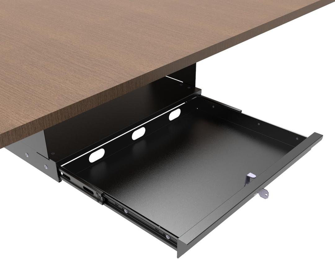 Under Desk Lockable Sliding Out Drawer with Cable Management, 17 inch Wide Office Storage Organizer for Standing Desks or tables with a Crossbar less than 3.2" High, 12 Inch Deep