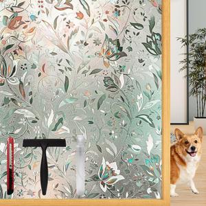 Frosted Tulip Patterned Window Privacy Film with Installation Tools, Stained Glass Decorative Film, Removable, Peep-Proof, Static Cling (29.5 x 78.7 Inch)