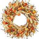 Fall Wreath for Front Door, 24" Primitive Fall Decor with Berries Grain Wheat Ears Straw Autumn Wreath, Thanksgiving Wreath for Farmhouse Home Wall Festival Decor