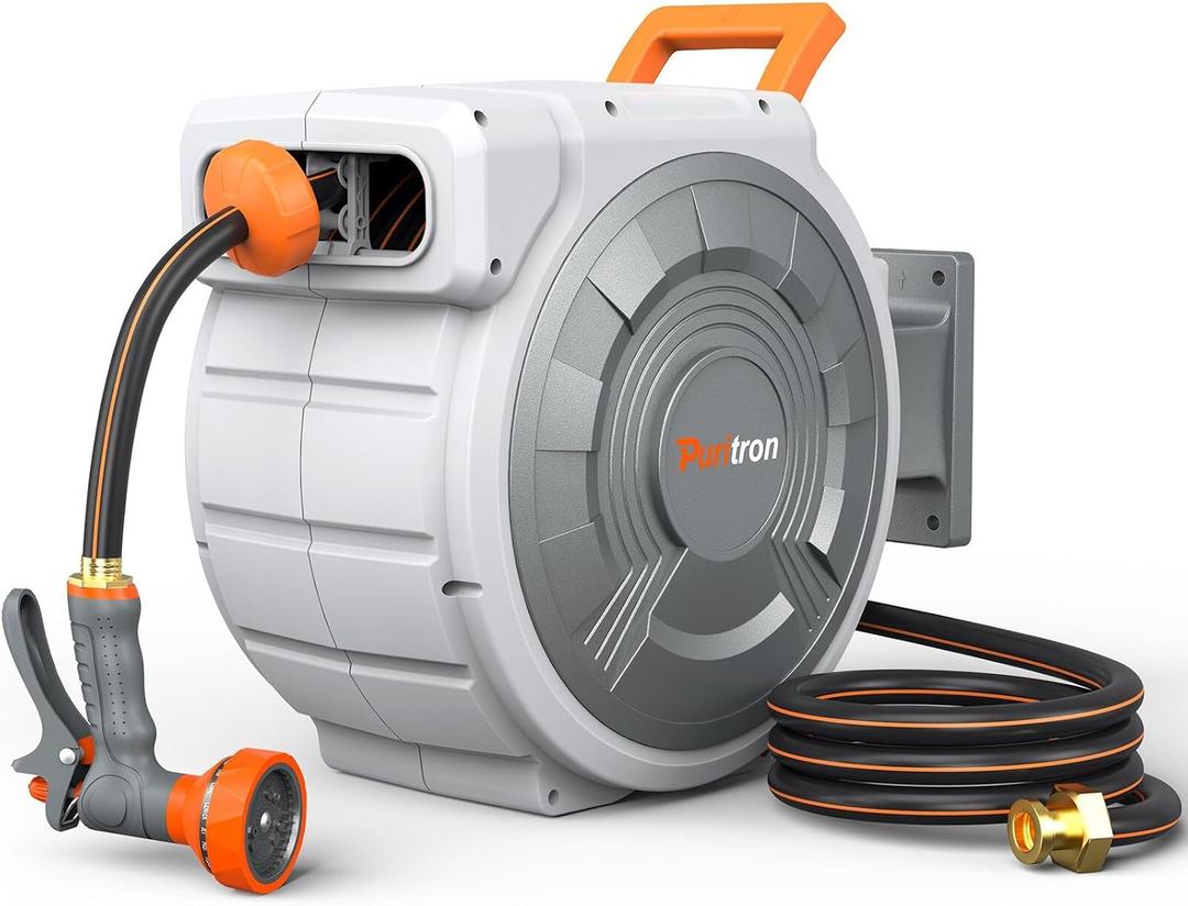 Retractable Garden Hose Reel 85 ft x 1/2 inch, Heavy Duty Automatic Garden Hose Reels, High-Flow, Any Length Lock, 180 Swivel Bracket, Brass Fitting, Wall Mount Water Hose Reel for Outside