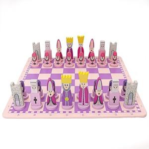 Pink Chess Set Wooden with Board Educational Adults, Cartoon Board Game Cute