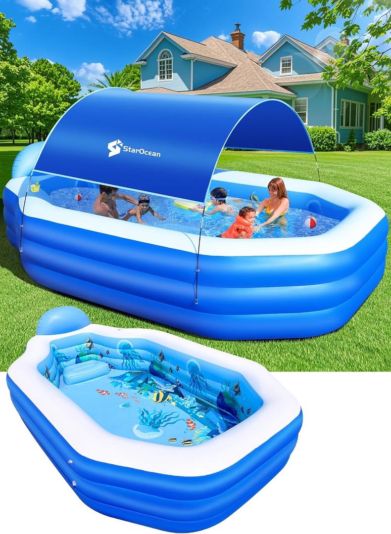 Inflatable Pool with Canopy, Large Inflatable Swimming Pool for Kids,Adult, Blow Up Pools with Seats,Backrest.Durable Thickened Inflatable Family Pools for Backyard,118"x75"x22"-Dark Blue