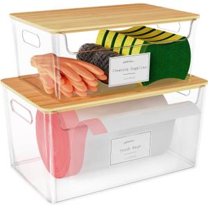 2 Pack Trash Bag Holder Under Sink Stackable, Plastic Garbage Dispenser with Lid, Trash Bag Storage Dispenser Roll Holder for Kitchen, Pantry, Laundry Room Organization (Clear)