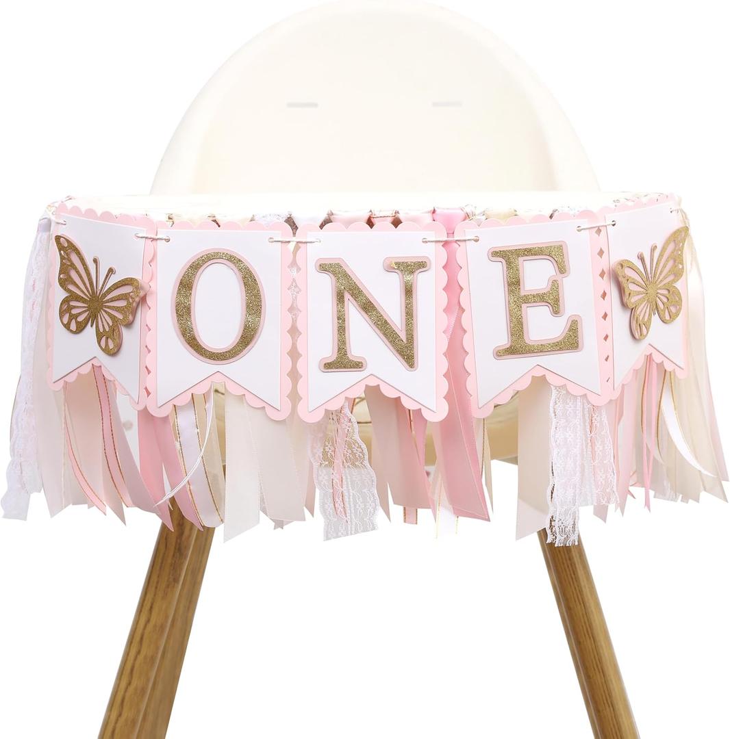Pink Butterfly First Highchair Banner - 1st Birthday Decorations, Spring One Birthday Decorations, Butterfly Highchair Garland, Pink 1st Photo Prop Cake Smash