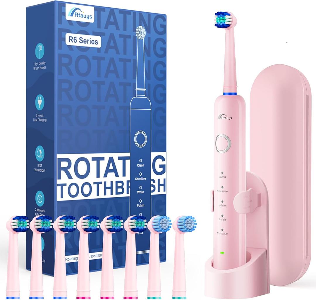 Rtauys R6 Rotating Electric Toothbrush for Adults, Fast Charge, Come with 8 Brush Heads (2 Types) and Travel Case, 5 Modes, 50000VPM Powered Toothbrush, 2 Minute Timer, Pink