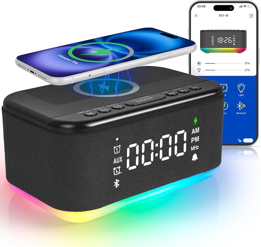 Bluetooth Alarm Clock Radio Bedroom, Digital Dual Alarm Clock Bedroom, Up to 10 Alarms Clock Night Light Speaker App/Button Control FM Charge Snooze Adjustable Brightness Dim 12/24H, Multi