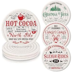 Tegeme 4 Pcs Coasters Handmade Braided Cotton Holiday Drink Mats Festive Plaid Snowflake Design Anti Slip Absorbent Cup Coasters for Home Office Party Table Decor
