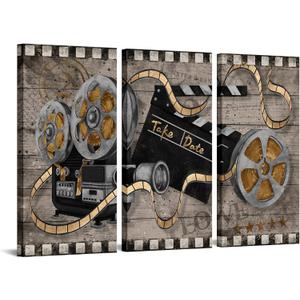 RnnJoile Movie Theater Wall Decor Rustic 3 Pieces Projector Film Clapper Reels Painting for Vintage Home Farmhouse Movie Room Bedroom Wall Decor Ready to Hang