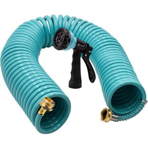 AUTOMAN Recoil Garden Water Hose 50 ft, EVA Curly Water Hose with Brass Connectors,Garden Hose Coil,Includes 7-Pattern Function Sprayer,Retractable,Corrosion Resistant Garden Coil Hose. (Turquoise)