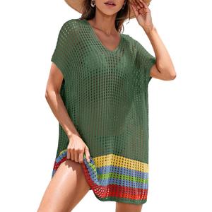 Dokotoo Women's Swimwear Beach Bikini Swimsuit Color Block Cover-ups Crochet Striped Side Split Mini Dress