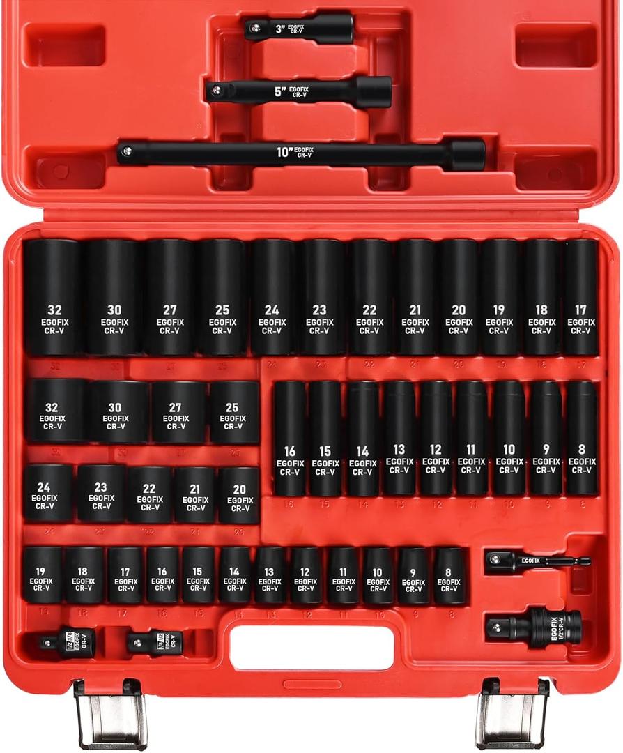 EGOFIX 1/ 2" Drive Impact Socket Set 49 Piece, Standard and Deep Metric Socket (9-25mm, 27, 30, 32mm), Includes Extension Bars, Universal Joint and Adapter, 6 Point Design, Cr-V steel