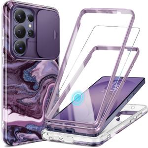 GVIEWIN for Samsung Galaxy S26 Ultra Case, [Slide Camera Cover & Built-in HD Screen Protector] [2 Front Frames] Shockproof Military Grade Protective Marble Phone Case S26 Ultra 6.9" (Quicksand/Purple)