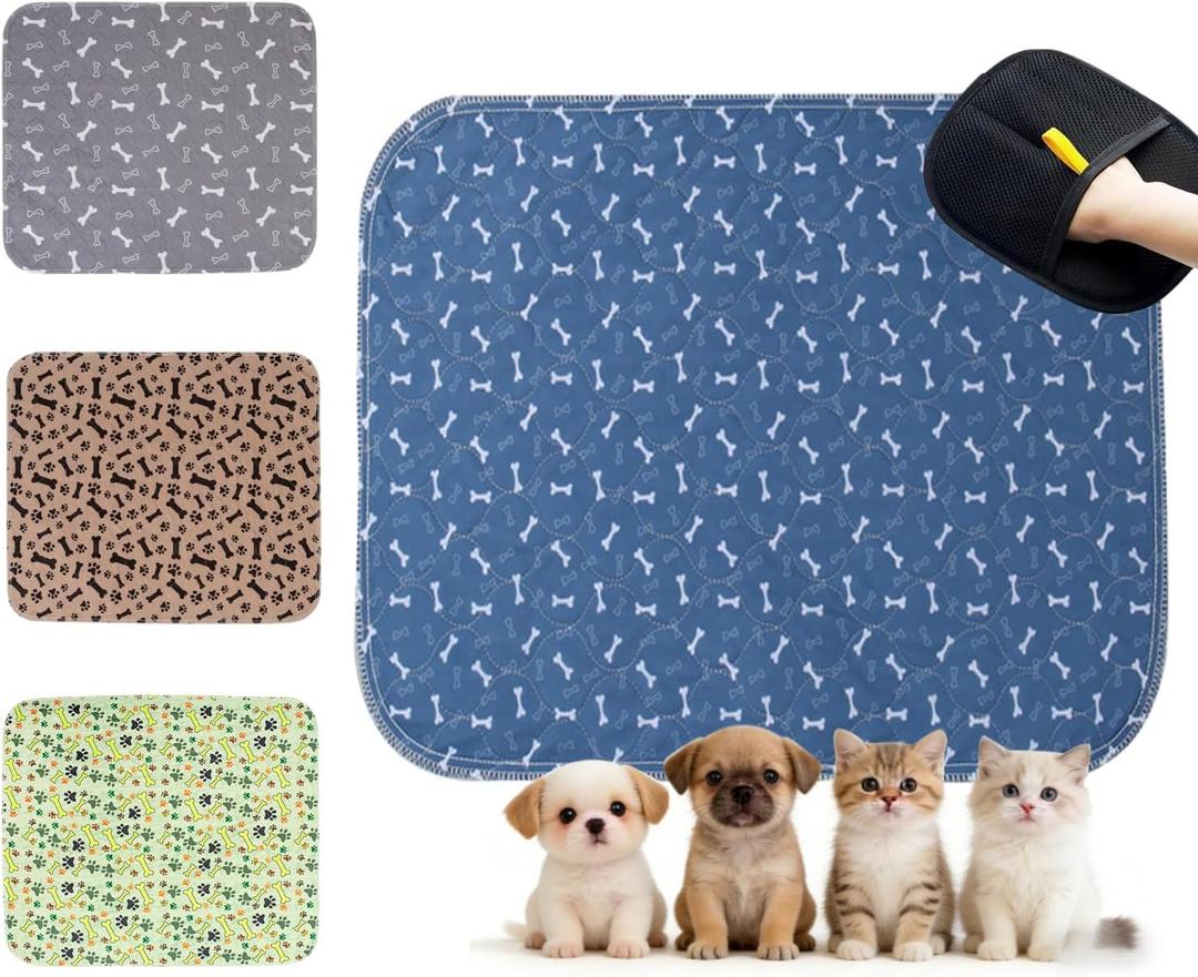 Puppy Pads with Pheromones, Washable Pee Pads for Dogs Potty Training, Reusable Dog Mat with Pet Hair Removal Gloves for Playpen, Crate, Whelping Box (Blue,S)