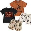 Baby Cowboy Outfits Toddler Western Cow Print Short Sleeves Shirt+Elastic Shorts Baby Boy Casual Summer Clothes Set (3-6 Months, Black+coffee)
