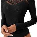 OYOANGLE Women's Elegant Lace Long Sleeve Mock Neck Embroidery Slim Fit Bodysuit Tee Tops (Medium, Black)