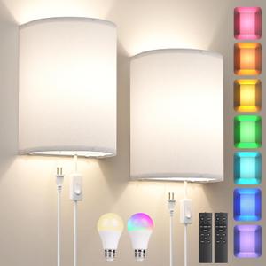 Plug in Wall Sconces Set of Two: Wall Lights with 7 RGB Colors - 3 Color Temperature Wall Mount Lamps with Remote - Fabric Linen Wall Sconc for Bedroom Living Room & Hallway- Indoor Corded Wall Sconce