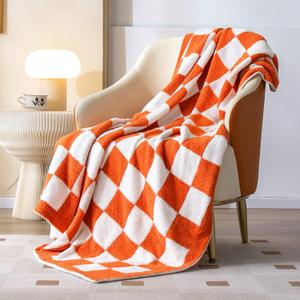 SeaRoomy CheckeredThrow Blanket, Soft Fluffy Microfiber Knit Throw Blanket for Couch Bed, Warm Cozy Reversible Checkerboard Knitted Blanket Room Decor(Burnt Orange, 51"63")
