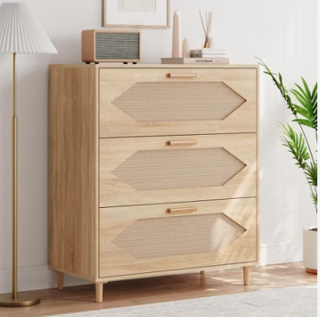 Dressers for Bedroom, 3 Drawer Rattan Dresser with Spacious Storage, Modern Wood Chest of Drawers, Rustic Oak Wooden Nightstand for Bedroom, Living Room, Hallway, Easy Assembly, Closet Organizer, 