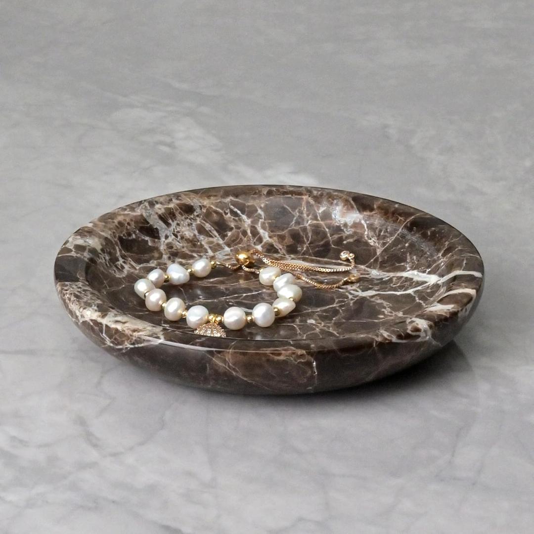 ZSHAWN Natural Marble Ring Dish Jewelry Tray 5.5" Trinket Dish for Rings Earrings Necklace, Scratch-Resistant Vanity Organizer, Elegant Gift for Women (Emperador Dark)