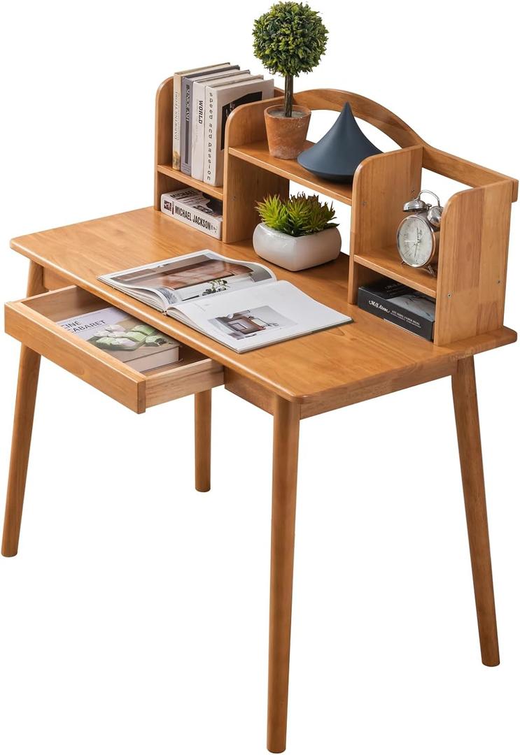 Solid Wood Desk with Drawers, Wooden Computer Desk for Home Office, Gaming Study Desk for Small Spaces, Writing Work Desk for Bedroom,Easy Assembly (Teak Color 40 inch), 47"W 21"D 30"H