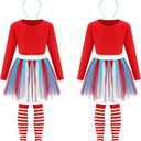 6 Pcs Costume Set for Kids, Include Tulle Tutu Skirt Striped Knee Long Socks Shirt Blue Headband (6-7 Age)