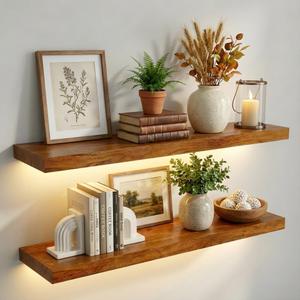 IAE Led Floating Wall Shelves 24 inch, Bathroom Shelf Wall Mounted, Invisible Shelf Floating Kitchen Shelves, Wooden Wall Shelving with Brackets for Living Room Wall Mounted, Easy Install, Set of 2, Teak