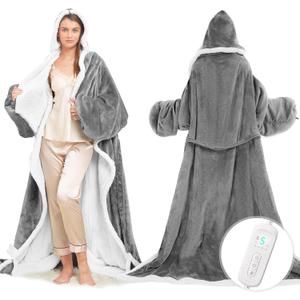 Wearable Heated Blanket with Foot Pocket, Electric Wearable Throw Blanket with Sleeves, Hood, Portable Heated Blanket with 8 Heat Settings, 1-10 Hours Auto Shut-off, Gift for Family, Friends, 50*70" (Light Grey)