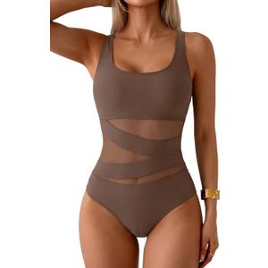 B2prity Women's Mesh One Piece Swimsuit Tummy Control Sexy Bathing Suit Push Up Swim Suit Slimming Swimwear (Brown, M)