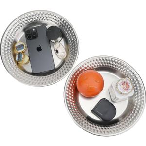 Fermus Set of 2 Round Vintage Metal Tray Diameter 10 1/4 inches, Jewelry Organizer Bathroom Clutter Rustic Decorative Trays Farmhouse Centerpiece for Coffee Table Living Room Kitchen Counter, (2 Pack)