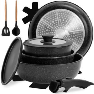 Numola 10 pcs Pots and Pan Set Non Stick with Detachable Handle, Ceramic Cookware Set for Stackable, Induction Kitchen Cookware Set for RV, Dishwasher Oven Safe, Black