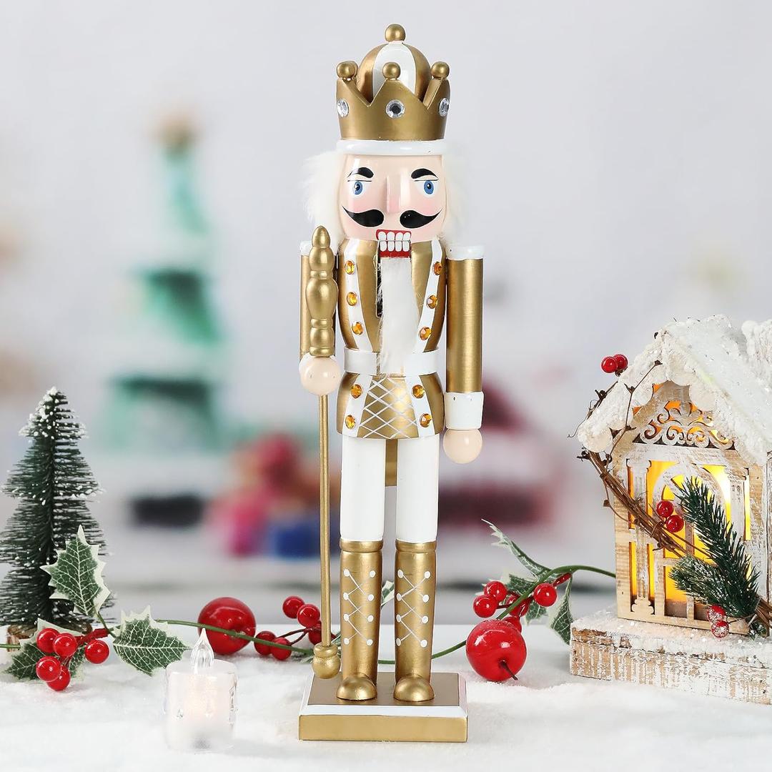 WONDER GARDEN Christmas Nutcracker, 15 Inch Nutcracker Figures, Wooden King Soldier Christmas Nutcrackers Ornaments, Golden Nutcrackers Christmas Decorations for Shelves and Tables Decor