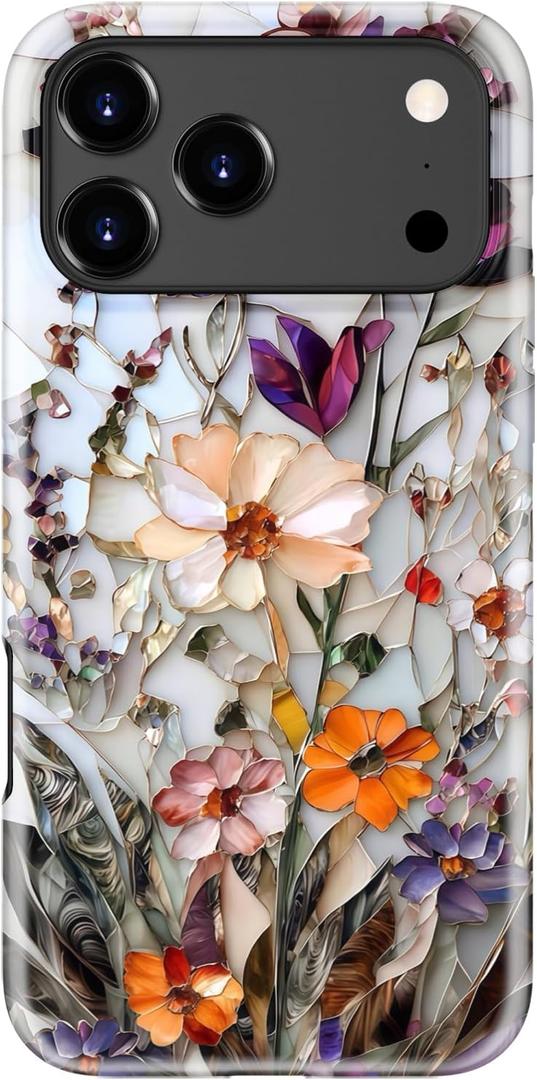 for iPhone 17 Pro Max Case Cute - Wireless Charging Compatible - Dual-Layer Hard Shell + Silicone Cover - Aesthetic Protective Phone Case for Women - Marble Pressed Flowers