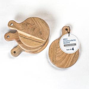 The Fine Living Co. Set of 4 Small Appetizer Serving Plate, Round Mini Charcuterie Boards, Acacia Small Wood Tray, Round Serving Board for Meat, Food-grade Paddle, 7"x5", Natural Pale, 0.6" Thick