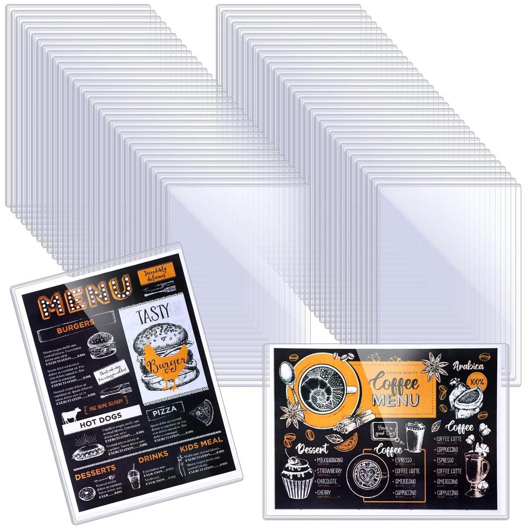 MotiMind 75 Pack Menu Covers 8.5 x 11 Inch Double Sided 2 View Menu Holder Restaurant All Clear Vinyl Sleeves A4 Sheet Protectors for Restaurant Bar Cafe